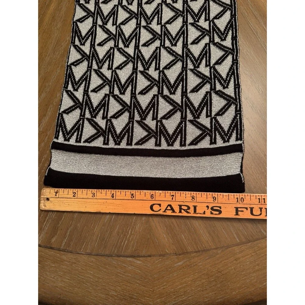 Michael Kors 62” Knit Scarf Black Silver Reversible MK Logo Monogram New $58